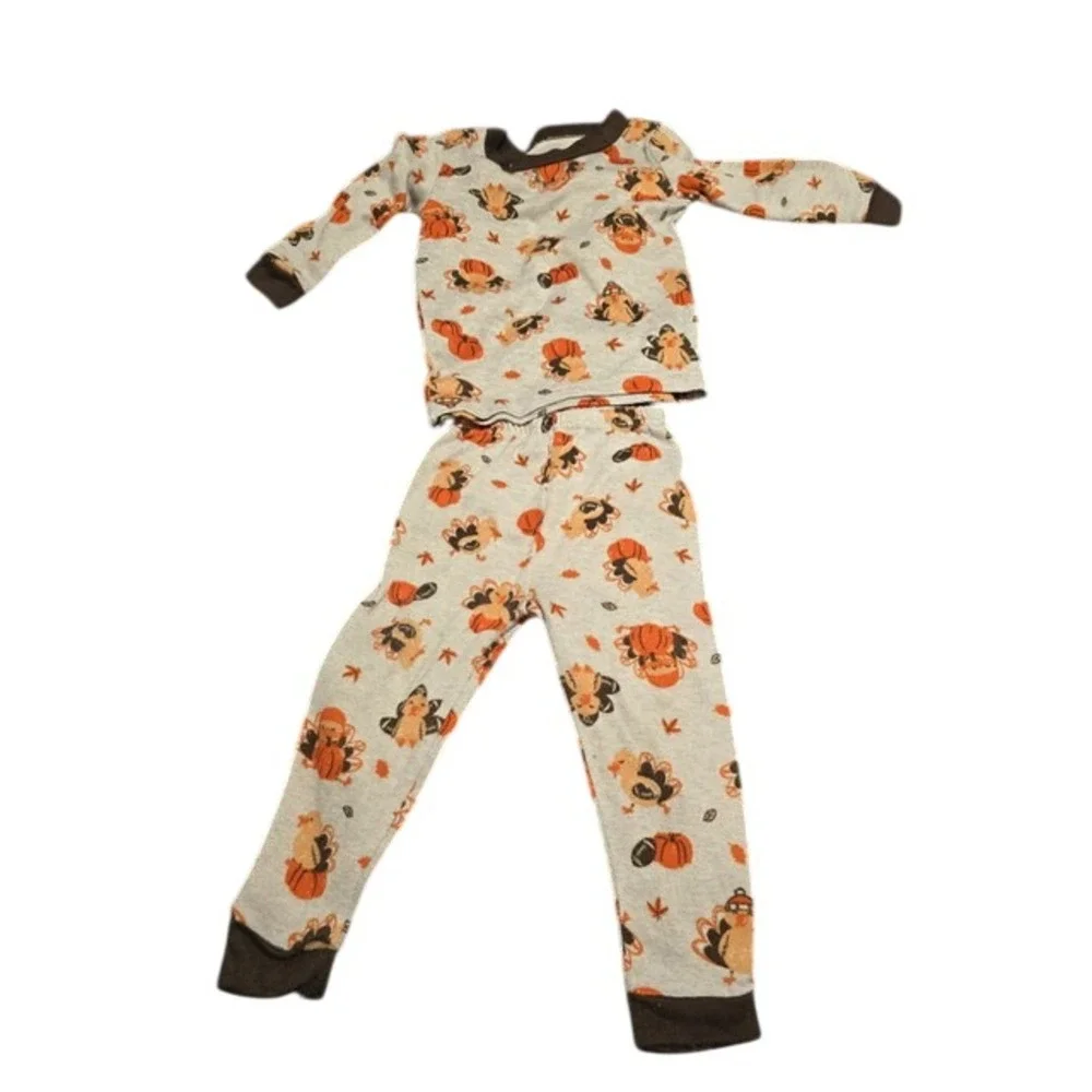 Thanksgiving Pajama Set Kids Toddler Turkey Pumpkin Football Gray Brown 2 Piece